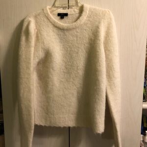 Puff-sleeve fuzzy crewneck sweater
